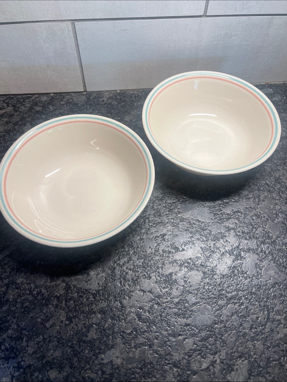 Corelle Forever Yours cereal/salad bowls  Pink and Blue Rim - Set of 2